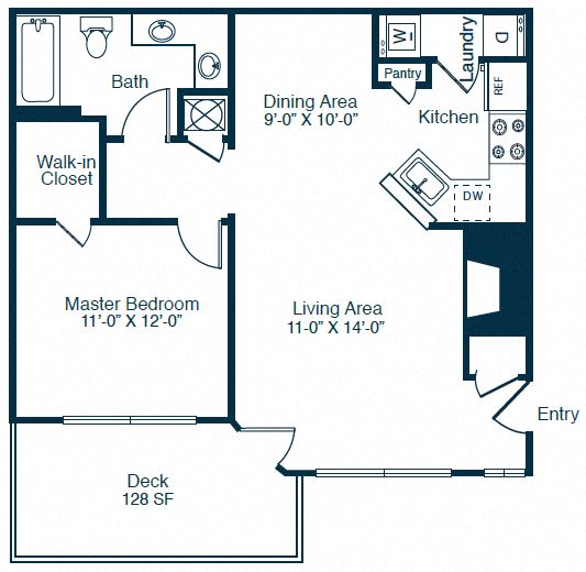 Floor plan for 1 bed, 1 bath, 840 sqft